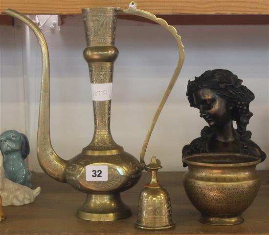 Brass coffee pot, bust of a girl & vase